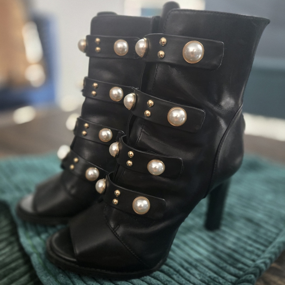 Karl Lagerfeld Black Heeled Boots with Pearl Accents